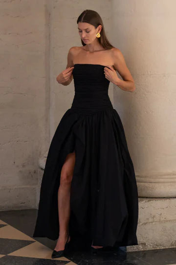 Satin A-Line Pleated Strapless Party Evening Dress With Slit